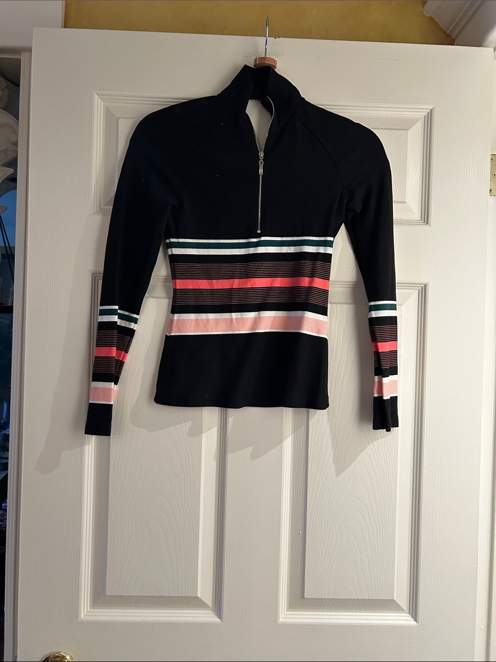 Zara Black Half-Zip Striped Knit Top with Pink and Teal Bands